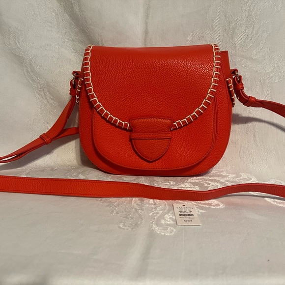 Talbots orange pebbled leather crossbody with white leather stitching trim - Picture 1 of 14